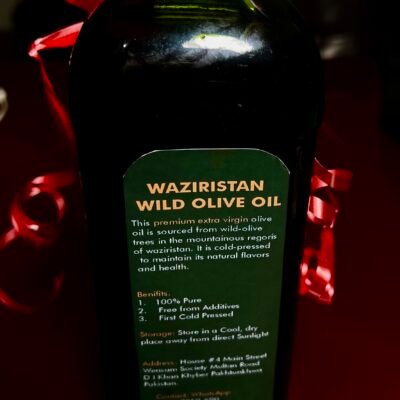 Back label of Waziristan Wild Olive Oil: extra virgin, first cold pressed, 100% pure