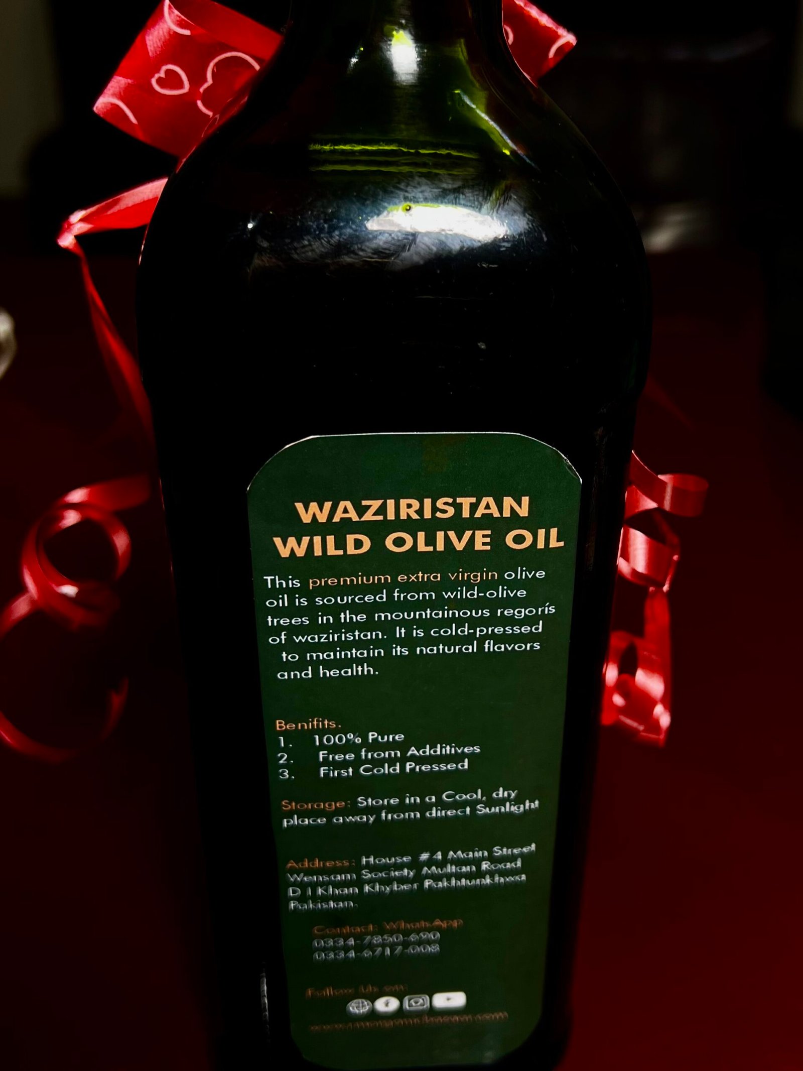 Back label of Waziristan Wild Olive Oil: extra virgin, first cold pressed, 100% pure